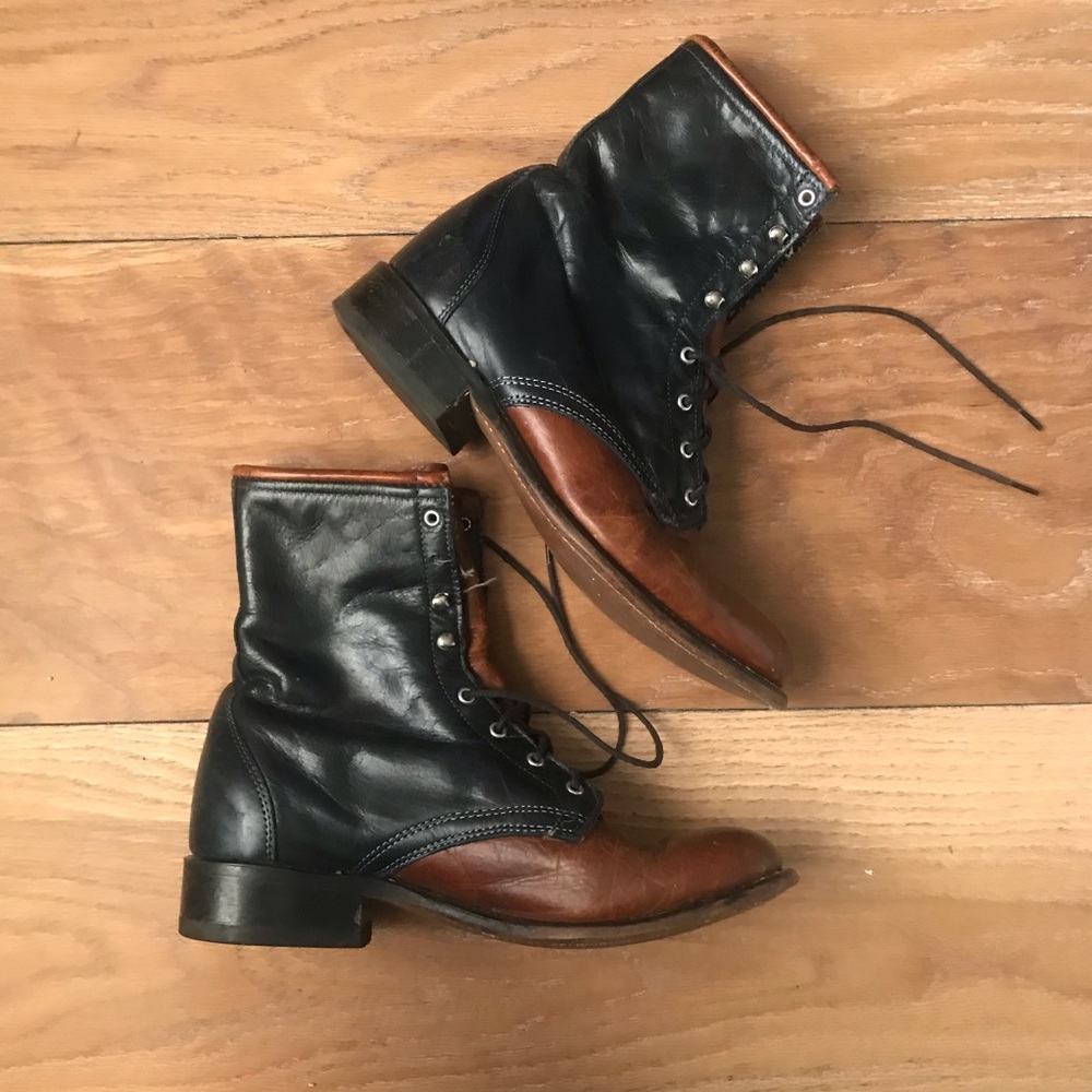 Vintage navy & brown leather lace up boots